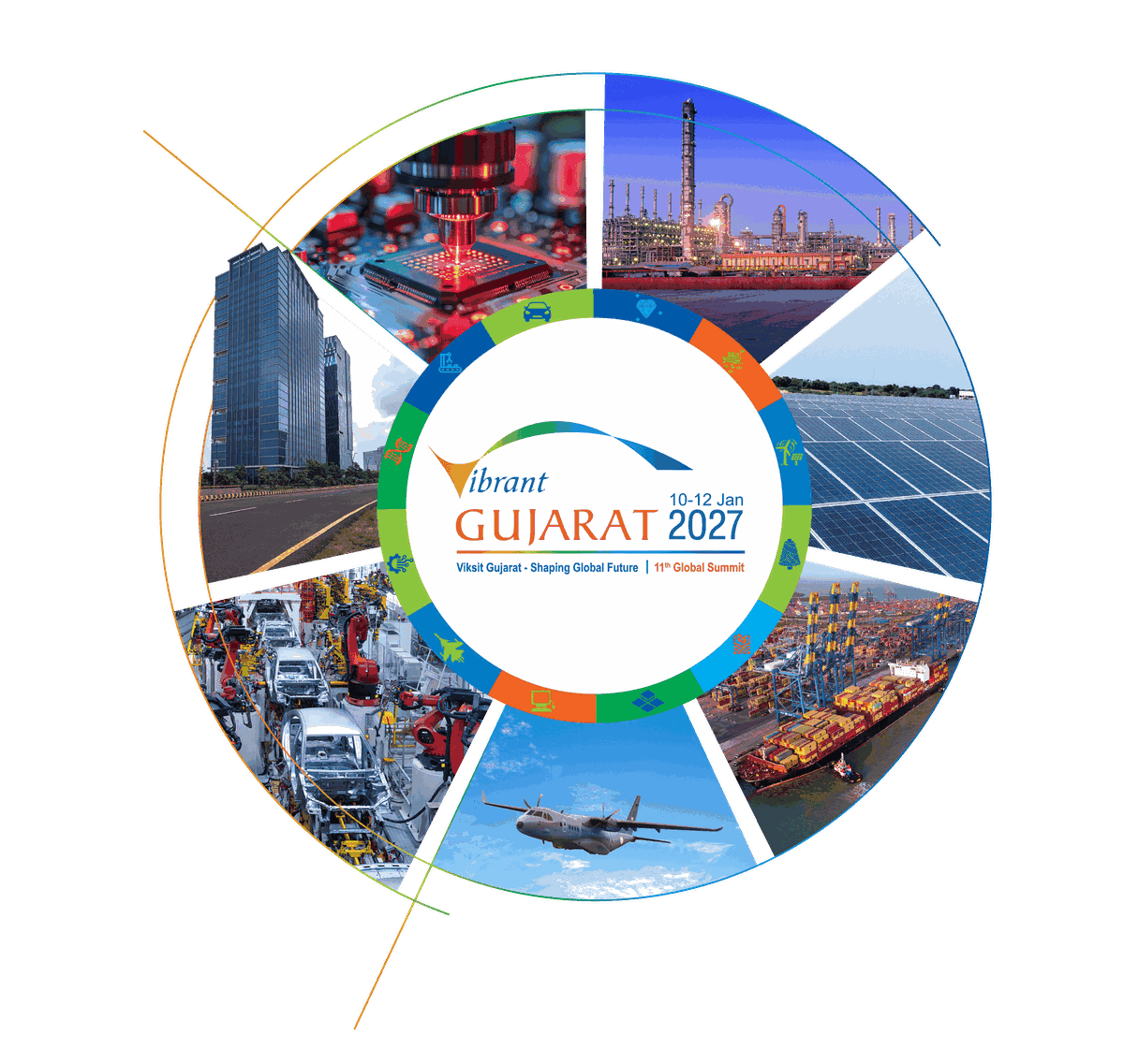 Vibrant Gujarat 2027 emblem: the summit logo ringed by Gujarat industry, technology and energy